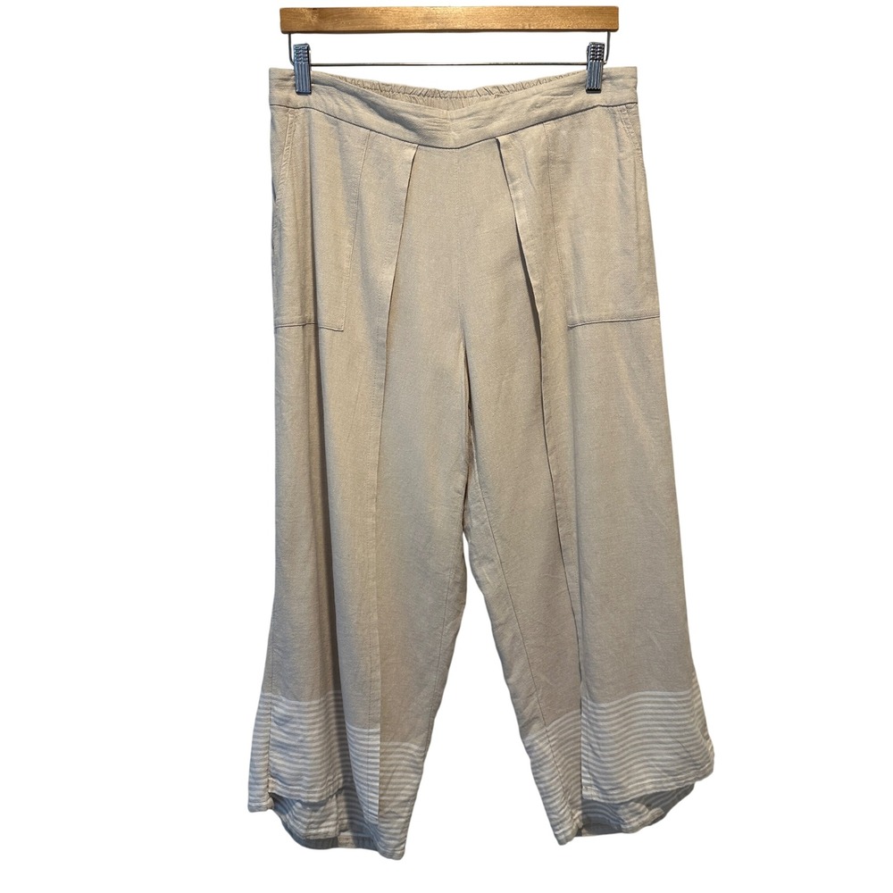 Pure Jill Linen Viscose Split Leg Pants Womens Medium Petite Beige Wide Leg Boho